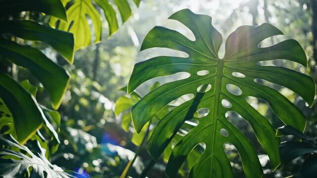 Sunlight filtering through lush green monstera leaves, natural tropical forest foliage, serene jungle atmosphere, nature background