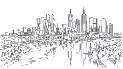 Fototapeta premium Modern city skyline with river and sailboats line art