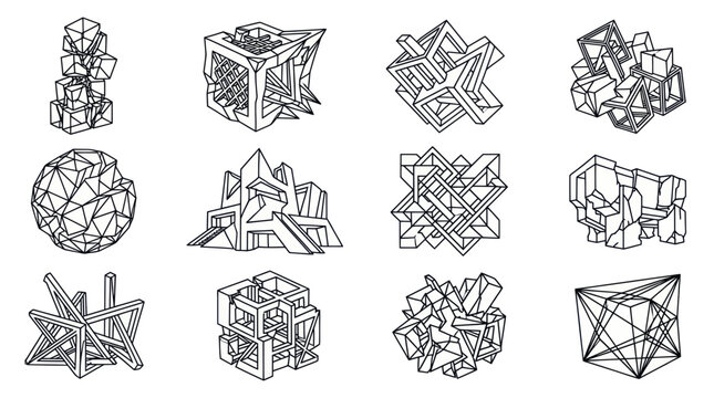 Geometric abstract line art icons and complex 3d wireframe shapes