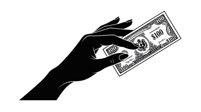 Silhouette of a hand holding a one hundred dollar banknote
