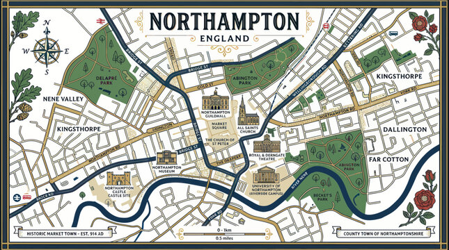 Vintage illustrated map of northampton england featuring landmarks