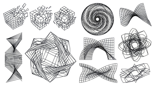 Abstract 3d geometric wireframes and distorted grid elements