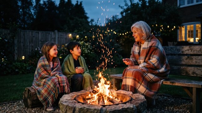 Cozy family campfire in backyard, grandmother telling stories to grandchildren by fire pit, warm evening bonding