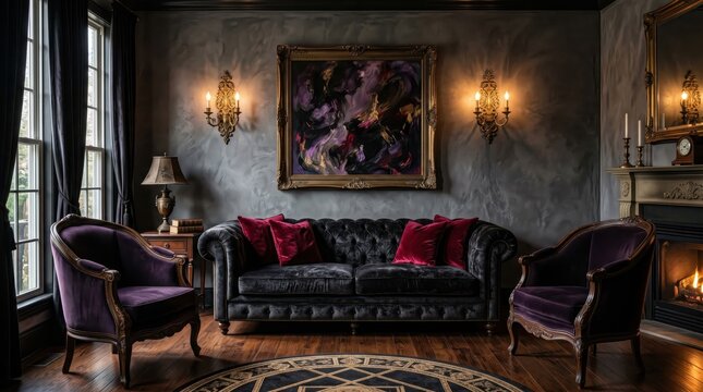 Moody dark academia living room, gothic interior design with black velvet chesterfield sofa, luxury vintage parlor with purple armchairs and fireplace