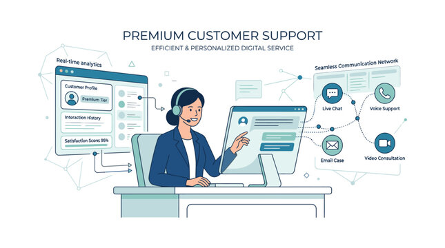 Illustration of a customer support representative wearing a headset and interacting with a computer in a modern office setting with various digital screens and icons.
