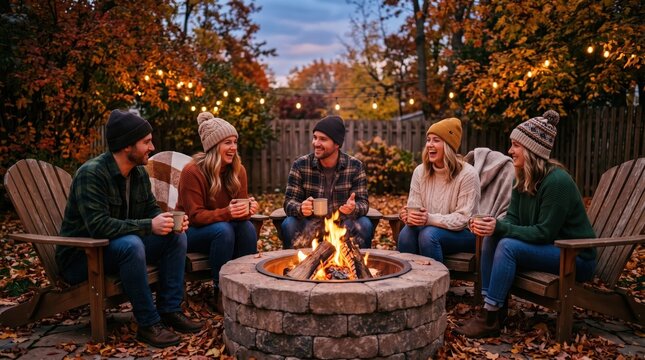 Cozy autumn bonfire with friends in backyard, happy group sitting around stone fire pit at dusk, warm fall evening gathering with string lights