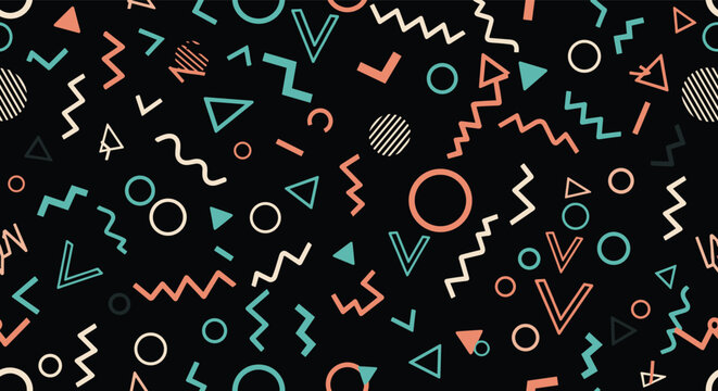 Retro memphis style seamless pattern of colorful geometric shapes zigzags and circles on a black background.