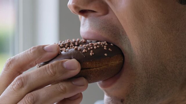 Close-up of a person taking a bite out of a chocolate frosted donut with sprinkles.