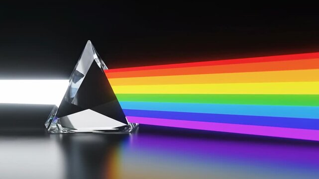 Clear glass triangular prism refracting white light into a rainbow spectrum, science education, optics demonstration, colorful light display