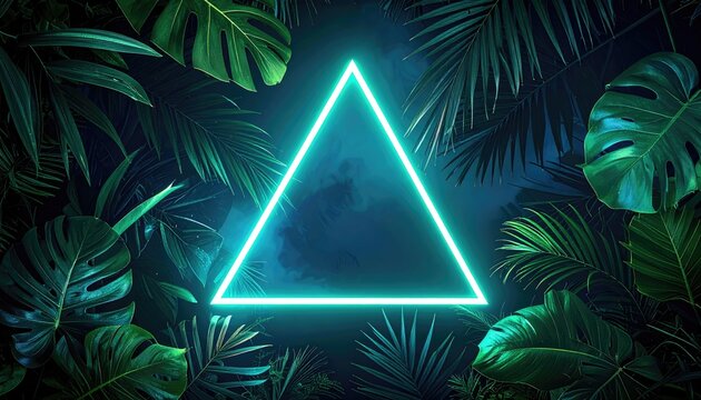 Glowing aqua triangle surrounded by lush green tropical foliage on a dark background evokes mystery and nature