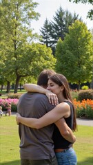 Fototapeta premium A man and woman share a warm embrace in the park.
