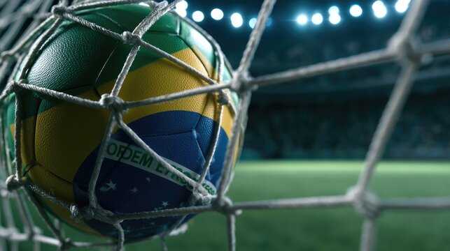 Soccer ball with Brazilian flag colors in the net after scoring a goal.
