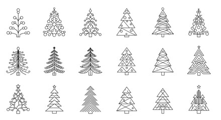 Obraz premium Set of eighteen minimalist geometric Christmas tree icons in black line art style, perfect for winter holiday decorations.
