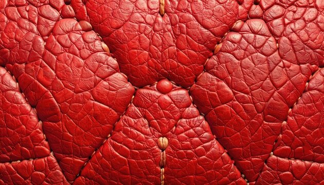 Close up of red leather with diamond shapes and seams. Textured surface with soft lighting
