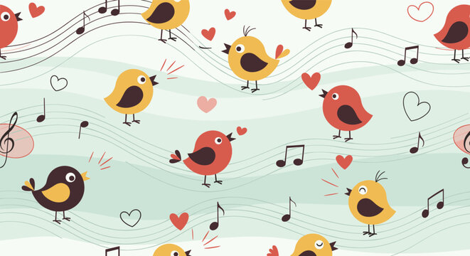 Cute seamless pattern featuring singing cartoon birds and floating musical notes with red hearts on a light green background.