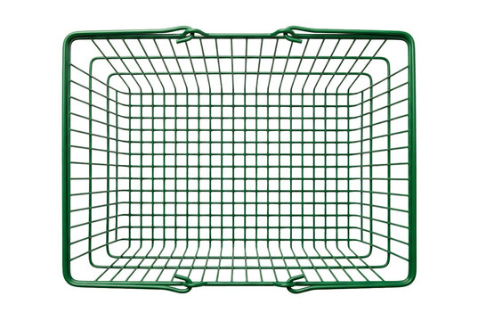 Empty green wire shopping basket seen from top down perspective, metal grid structure for groceries, retail consumerism, and product transport, common supermarket.
