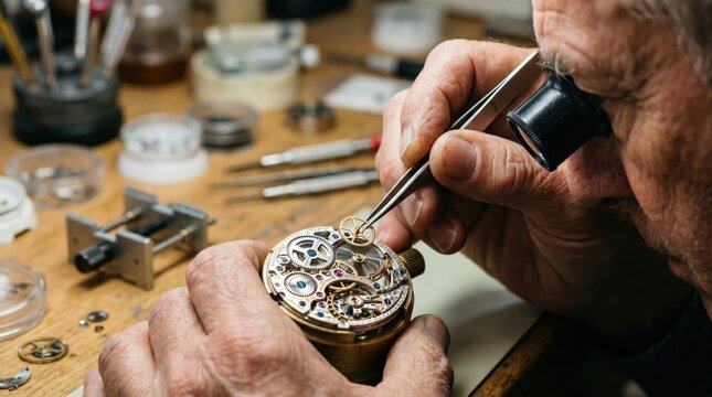 Professional watchmaker repairing mechanical movement with tweezers, master horologist at workbench, vintage watch restoration and maintenance