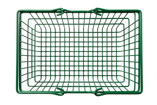 Empty green wire shopping basket seen from top down perspective, metal grid structure for groceries, retail consumerism, and product transport, common supermarket.