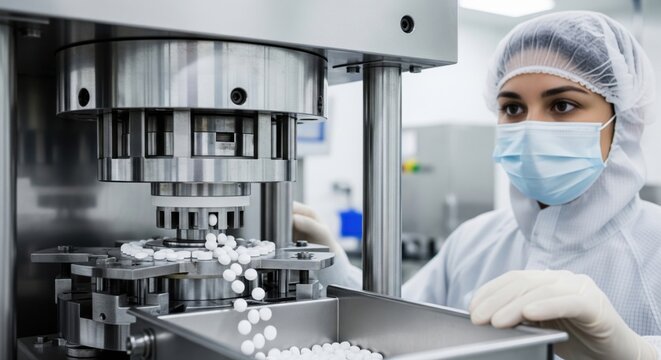 Pharma manufacturing technician monitoring tablet press in cleanroom shows solid dose production, precision compression, GMP workflow and modern pharmaceutical processing.