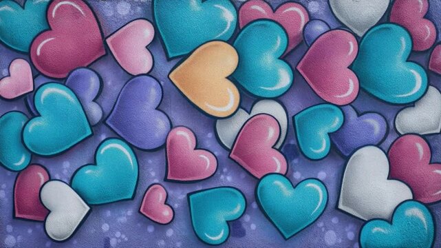 Colorful digital illustration of various heart shapes in different pastel tones overlapping on purple gradient background with soft glow and texture effect
