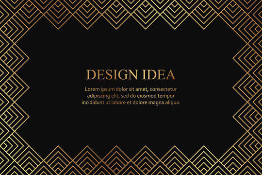 Modern geometric luxury black background for business or greeting card with golden rhombuses frame in art deco style.