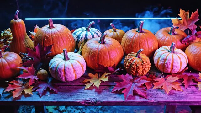 Collection of diverse pumpkins and gourds arranged on a rustic wooden surface with autumn leaves, illuminated by atmospheric neon blue and pink lighting, creating a spooky Halloween mood