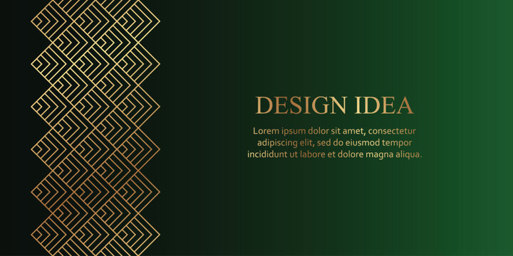 Modern geometric luxury green background for business or greeting card with golden rhombuses in art deco style.