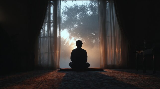 Silhouette of person meditating by window