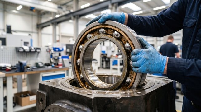 Industrial technician installing a massive high-precision steel ball bearing. Concept of heavy machinery manufacturing, friction reduction, and mechanical engineering in a bright facility.