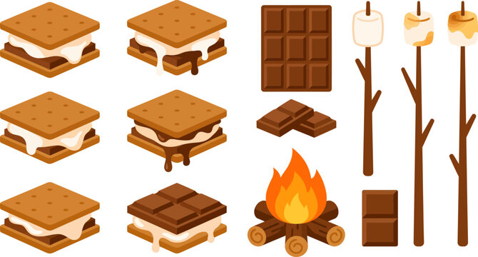 Isolated Flat Vector S'mores and Marshmallow Clipart Collection
