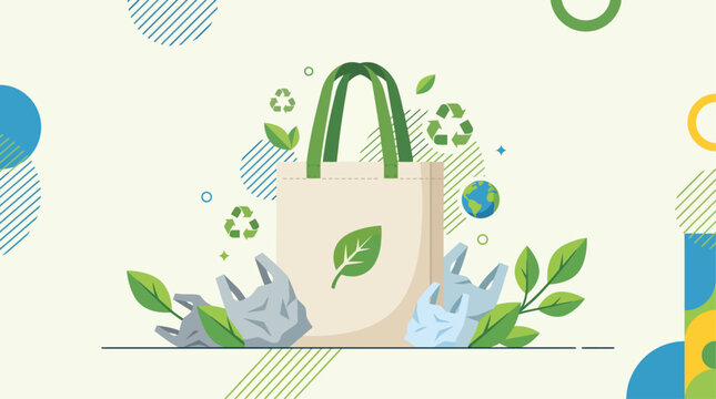 Eco Friendly Reusable Tote Bag and Plastic Waste with Geometric Background Vector