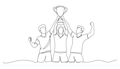 Continuous one line drawing of soccer players holding a trophy, celebrating victory. Symbol of victory, achievement and success. Minimalist vector illustration. © SmartArtStudio