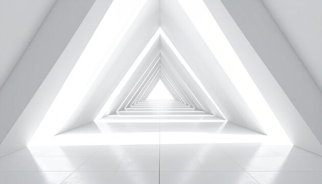 Bright, white triangular tunnel stretching into the distance with gleaming floor