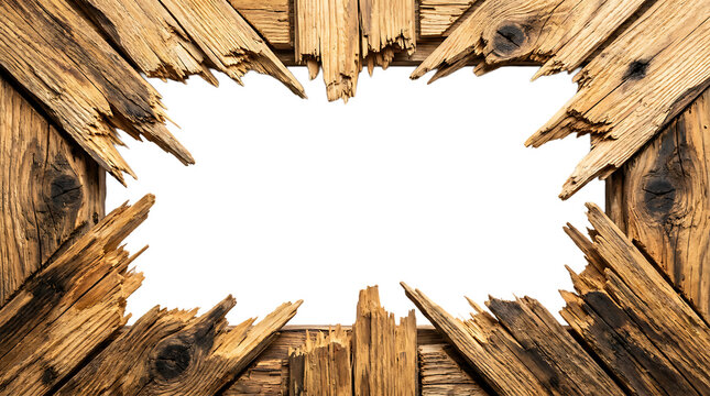 Broken wooden frame with sharp splinters and distressed texture, aged wood with knots and transparent background for graphic design.