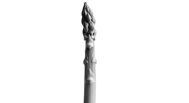Sculpted metal spear tip with intricate mythical creature design against white background