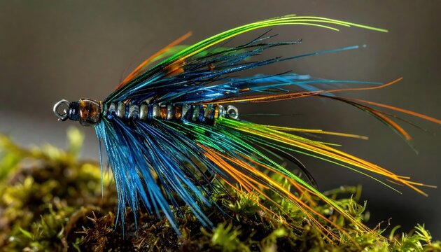 Intricate Fly Fishing Lure with Iridescent Feathers Adorning Mossy Surface, Detailed Macro Photography