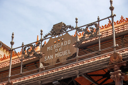 San Miguel Market sign, San Miguel Market is the most popular market among tourists since it is located in the centre of Madrid.