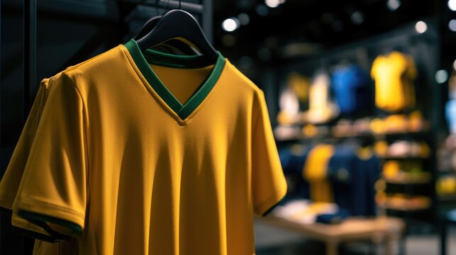 Close-up of a yellow soccer jersey with green trim hanging in a store.