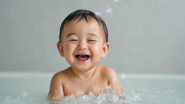 Happy toddler with wet hair laughing joyfully while sitting in white bathtub filled with bubbly water and soap foam on neutral background