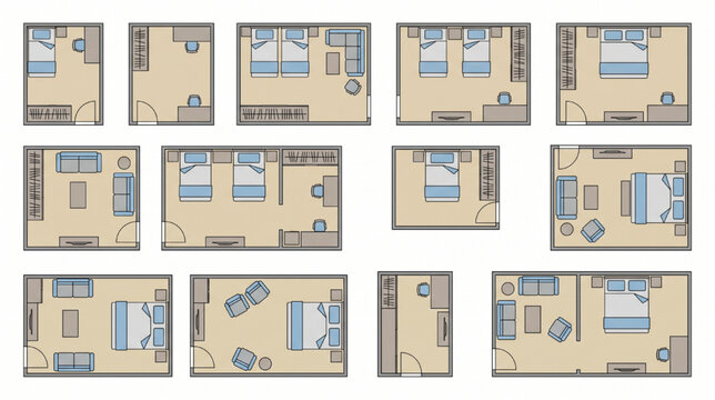 Architectural Hotel Room CAD Symbol Sheet Top View Furniture Layout Blocks with Colored Single Double and Suite Room Variations Vector
