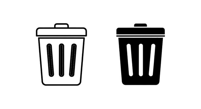 Minimal black silhouette icon, simple flat vector, bold black shape, no, no shading trash can icon set, simple outline and solid black garbage bin symbols on a, flat icon style