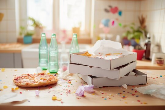 Messy kitchen table with empty pizza boxes, uneaten pizza, and confetti after party