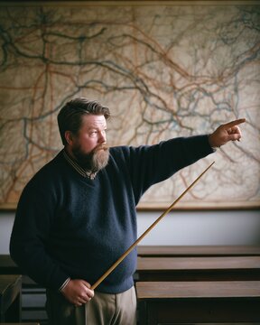 Teacher pointing at old map on classroom wall, holding pointer stick, education concept