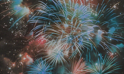 Fototapeta premium Colorful Fireworks Exploding in Night Sky, Festive Celebration Display