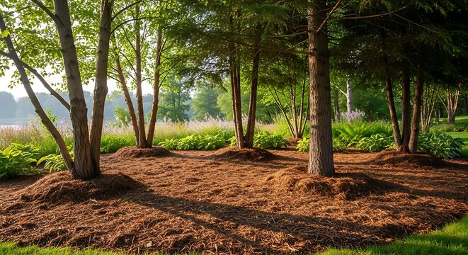 Serene forest clearing with trees and mulch ground cover at dawn