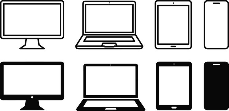 Responsive electronic device layout icon set featuring smart phone tablet laptop and computer screen outline and silhouette vector symbols