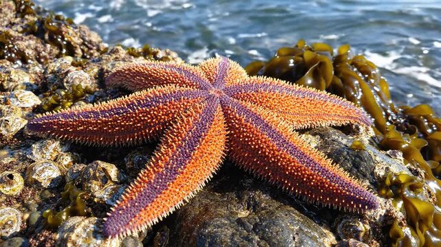 Vivid Orange and Purple Sunflower Sea Star Resting on Barnacle-Covered Rocks in a Tidal Zone