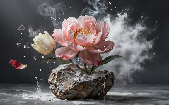 Pink peony blooms defiantly amid shattered glass and swirling dust.