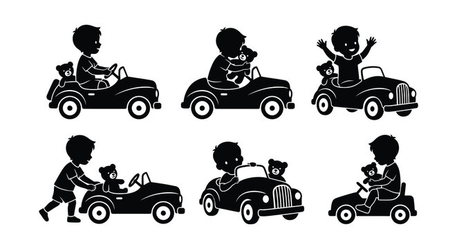 Boy Driving Toy Car With Teddy Bear Black Vector Illustration