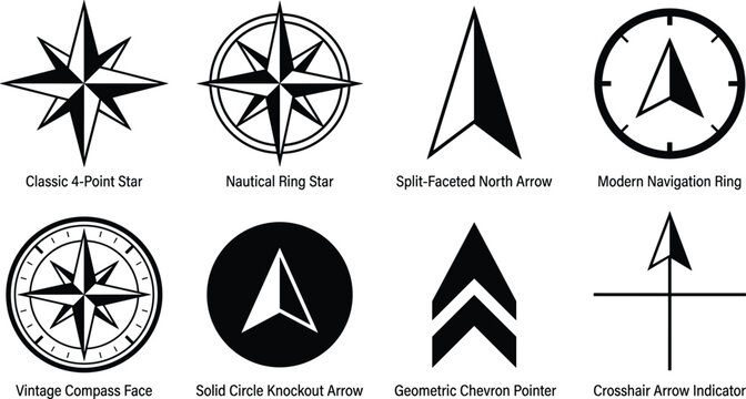 Compass rose and north arrow navigation icon set featuring classic star vintage nautical ring modern chevron and crosshair direction pointers